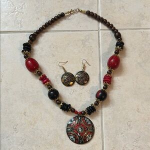 Bohemian Red n’Brown Necklace n’ Earring Set- Original Pack without tag